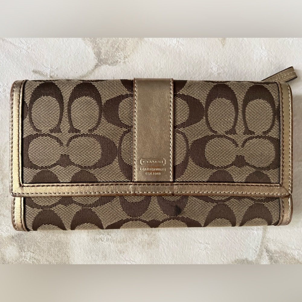 Coach Signature Brown and Gold Leather Wallet